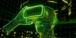 3D render, visualization of a man holding virtual reality glasses, electronic device, head surrounded by virtual data with neon green grid. Player one ready for the VR game. Virtual experience.