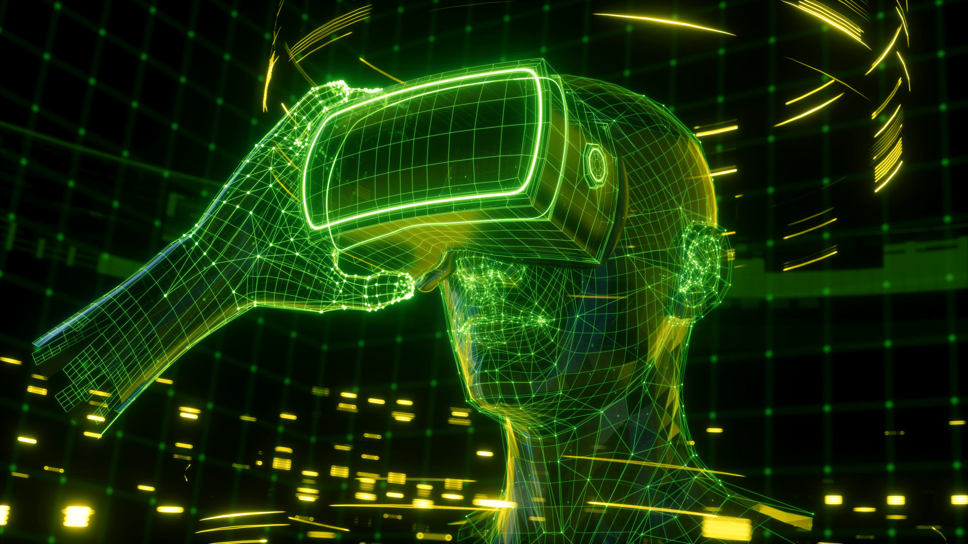 3D render, visualization of a man holding virtual reality glasses, electronic device, head surrounded by virtual data with neon green grid. Player one ready for the VR game. Virtual experience.