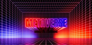 3d render, abstract futuristic background. Metaverse sign glowing with violet red neon light inside the empty virtual room, cyber space