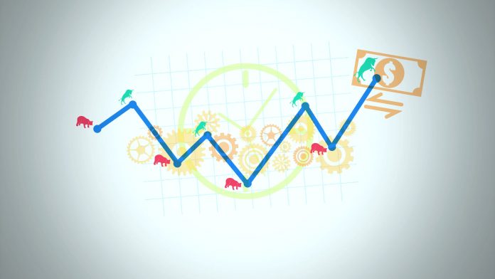 Financial and stock investment market concept. Fluctuation of value which price is rising up and falling down along the way.