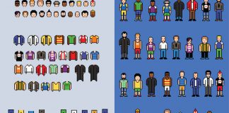 Pixel art man avatar creator, set of video game style elements, isolated vector illustration