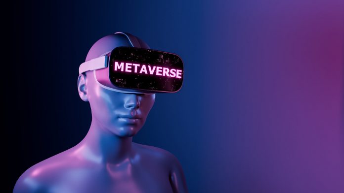 VR нүдний шилтэй, METAVERSE гэсэн бичигтэй гэрэлтүүлэгтэй охины ойрын зураг. видео тоглоом, NFT, VR болон криптогийн футурист үзэл баримтлал. 3d дүрслэл