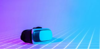 Virtual reality glass VR. 3d digital glasses on futuristic neon tech background. Amazing technology, online game, entertainment, study and virtual world