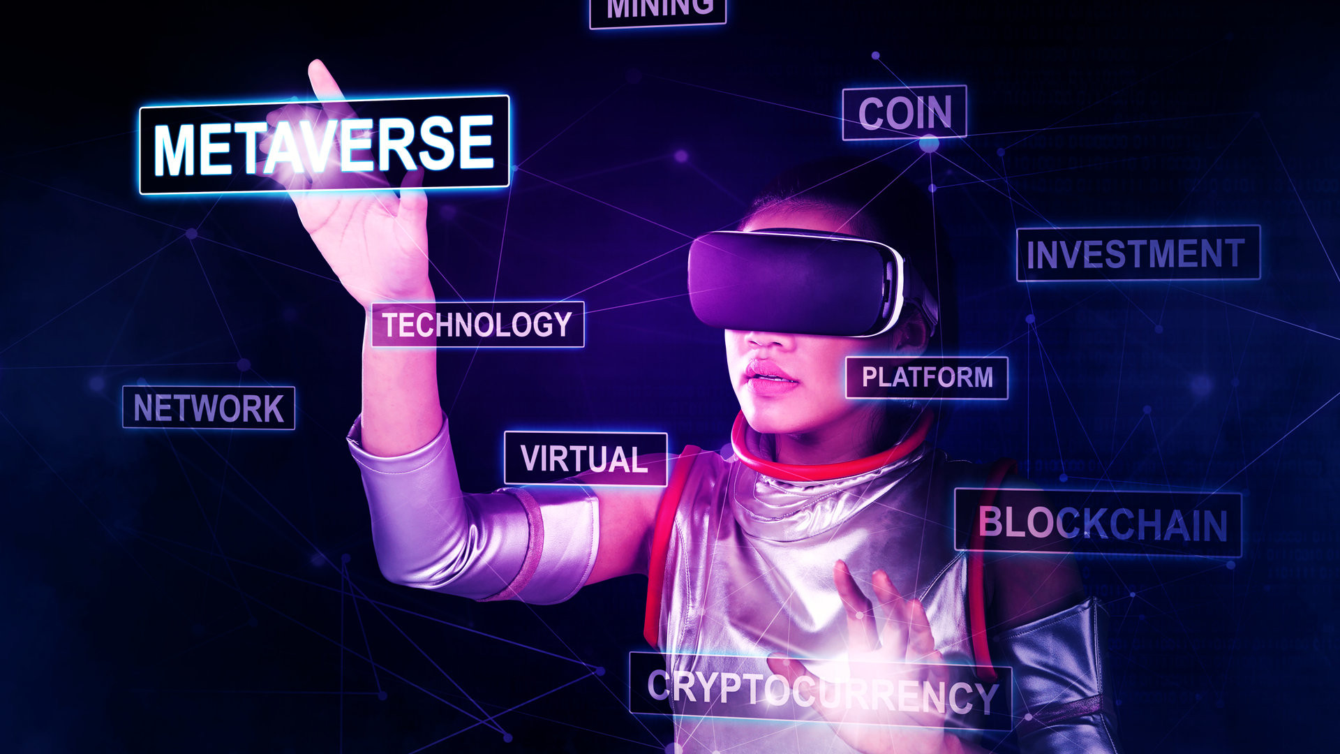 Futuristic woman touching metaverse word while trading cryptocurrency in the cyberspace