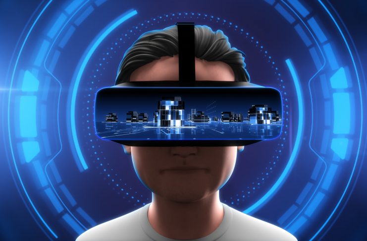 Close-up shot of a young man wearing VR Headset experiencing 3D virtual reality on digital background. Technology related Futuristic cityscape concept. 3D Rendering.