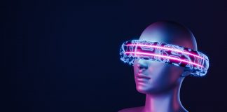 3d girl with electronic ring covering her eyes. neon lights. futuristic concept of virtual reality, video games, technology, metaverse and crypto. 3d rendering