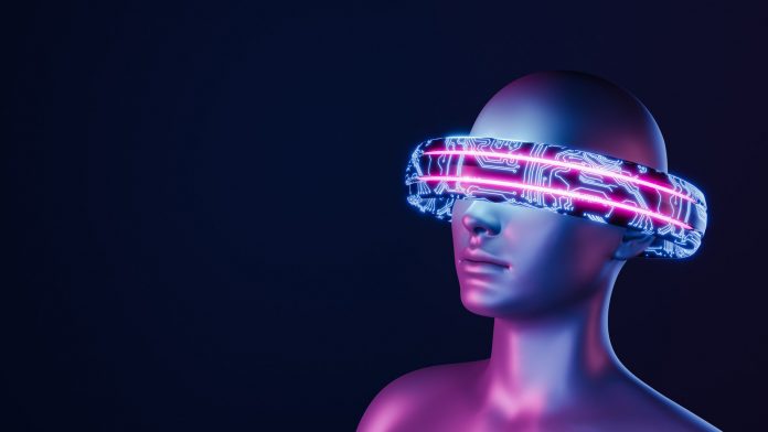 3D-meisje met elektronische ring voor haar ogen. Neon lichten. futuristisch concept van virtual reality, videogames, technologie, metaverse en crypto. 3D-weergave