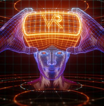 3D render, visualization of a man holding virtual reality glasses, electronic device, head surrounded by virtual data with neon grid. User interface. Player one ready for the game. Virtual experience.