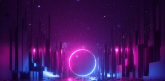 3d abstract neon background, cyber space virtual reality urban scene, glowing round shape portal at the end of the street, fantastic city, minimal skyscrapers, post apocalyptic concept, night sky