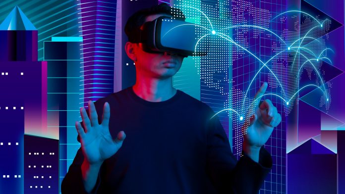 Metaverse virtual reality, augmented reality technology connection world. បុរសដែលប្រើវ៉ែនតា VR ប៉ះផែនទី។