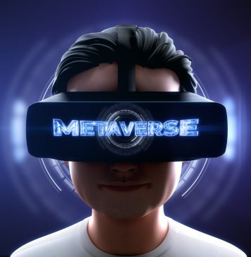 Text "METAVERSE" on VR Headset screen. Close-up shot of a young man wearing VR Headset experiencing 3D virtual reality. Technology related Metaverse concept. 3D Rendering.