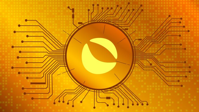 Terra LUNA cryptocurrency token symbol of the DeFi project in circle with PCB tracks on gold background. Currency icon. Decentralized finance programs. Vector EPS10.