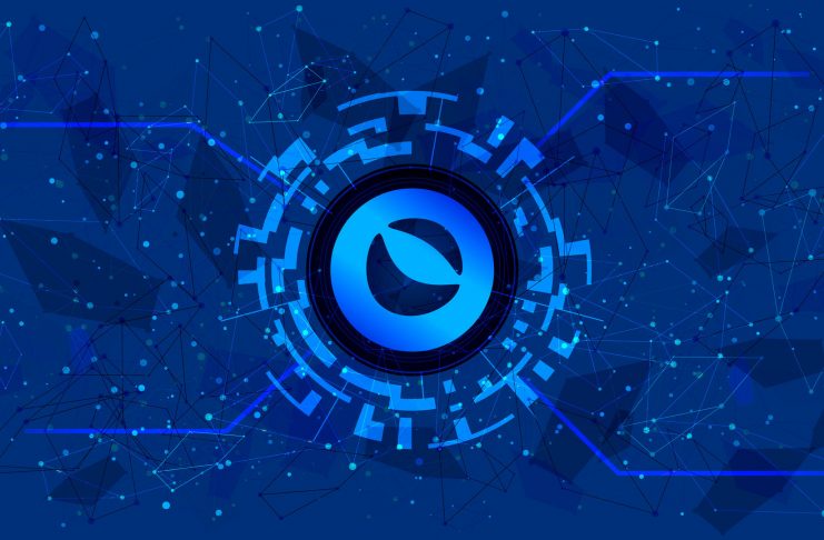 Terra LUNA token symbol of the DeFi project in a digital circle with a cryptocurrency theme on a blue background. Cryptocurrency icon. Decentralized finance programs. Copy space. Vector EPS10.