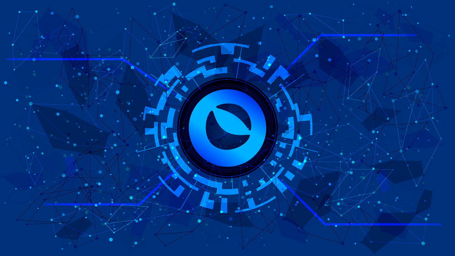 Terra LUNA token symbol of the DeFi project in a digital circle with a cryptocurrency theme on a blue background. Cryptocurrency icon. Decentralized finance programs. Copy space. Vector EPS10.