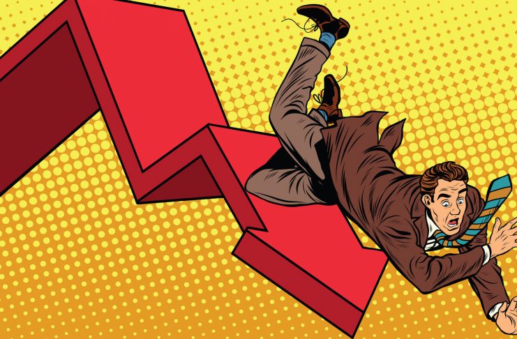 Business male financial collapse, fall and ruin pop art retro vector illustration