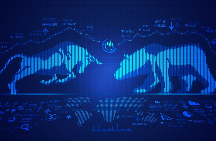 concept of stock market exchange, graphic of bull and bear combined with candlestick