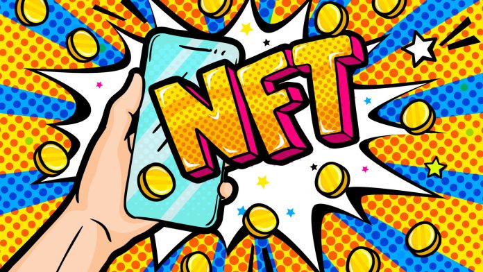 Concept of non fungible token. Hand holding a phone with Text NFT in pop art style. Pay for unique collectibles in games or art. Vector illustration.