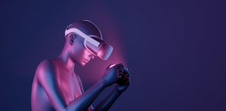 3d girl with virtual reality glasses playing with mobile phone. neon lights. futuristic concept of metaverse, play to earn, nft and cryptocurrencies. 3d rendering