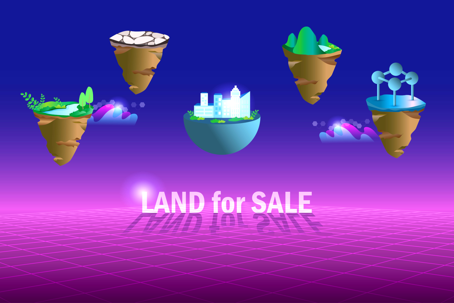 Metaverse land for sale, digital real estate and property investment technology. Virtual reality land for sale in metaverse cyber space futuristic environment background.