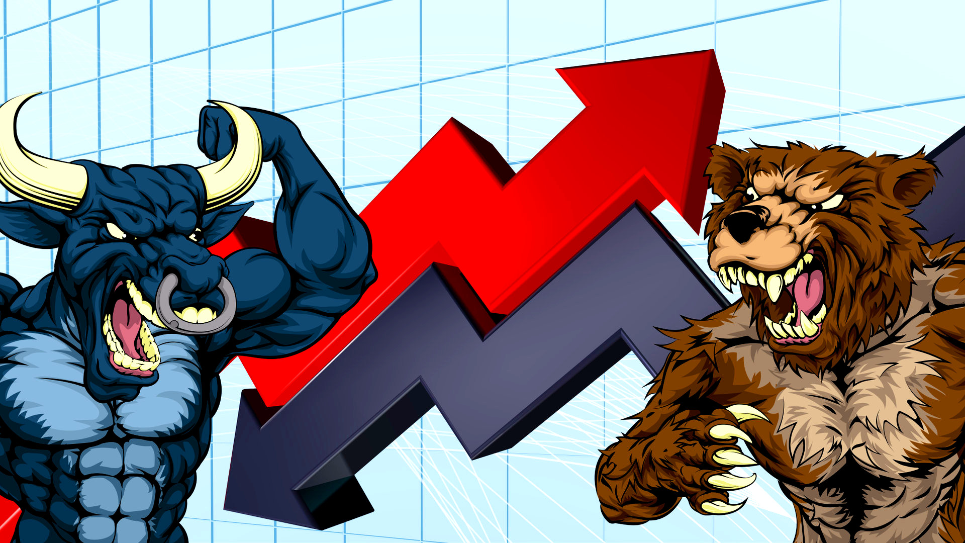 Financial concept of a cartoon bear fighting a bull mascot characters in front of a stock market or profit graph