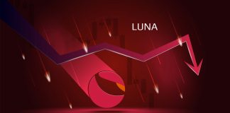 Terra LUNA in downtrend and price falling down on dark red background. Cryptocurrency coin symbol and red down arrow with falling meteors. Trading crisis and crash. Vector illustration.
