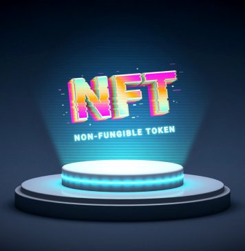 NFT non fungible token, crypto art in 3D rendering illustration. Platform showing NFT crypto art hologram. Virtual art and galleries using blockchain technology concept