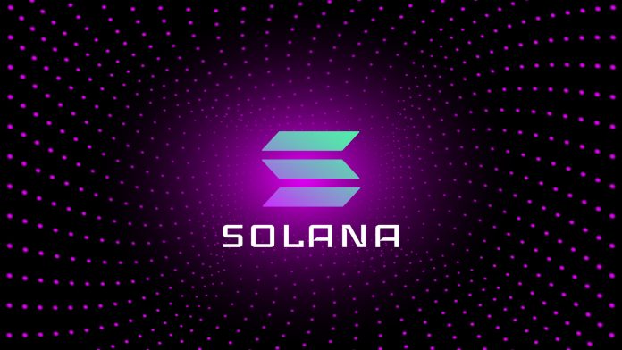 Solana SOL token simbol kriptovalute u središtu spirale svijetlećih tačaka na tamnoj pozadini. Ikona logotipa kriptovalute za baner ili vijesti. Vektorska ilustracija.