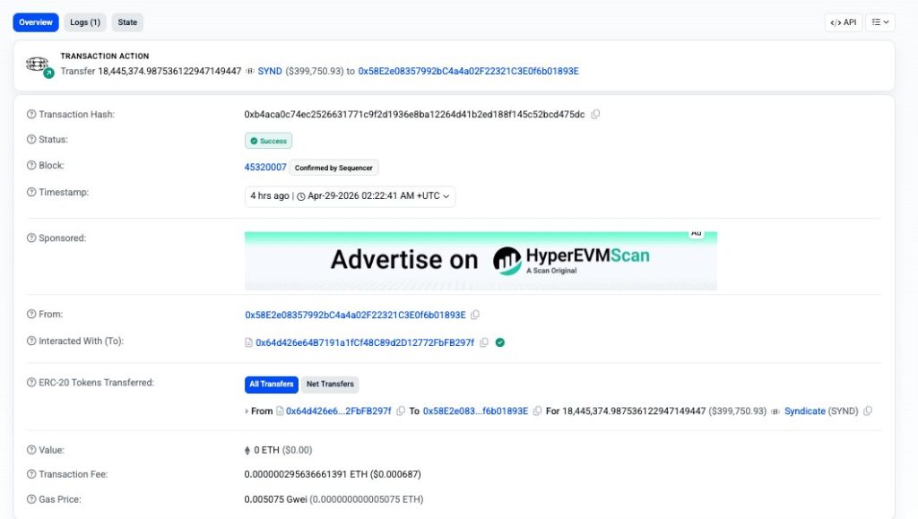 SYND Token Crashes Amid Suspected Syndicate Bridge Exploit And Liquidity Panic