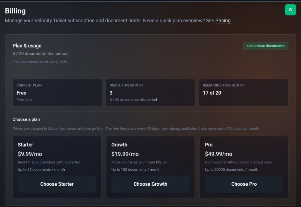 Velocity Ticket Billing Options
