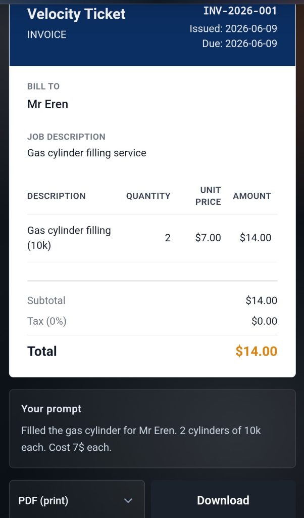 Velocity Ticket Receipt 