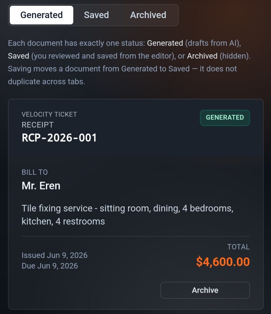 Velocity Ticket Generated Receipt