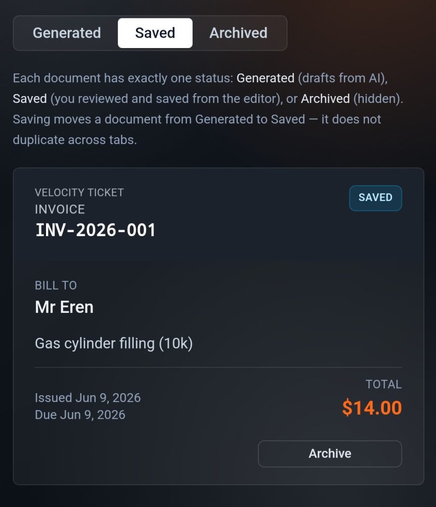 Velocity Ticket Saved Receipt